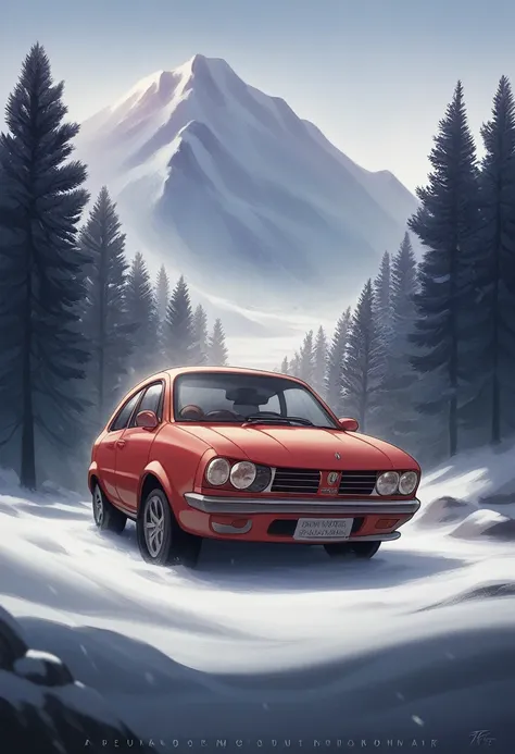 car poster, Procreate, red, Peugeot 205 GTI, vector art, minimalist, high resulotion, snowy mountain background