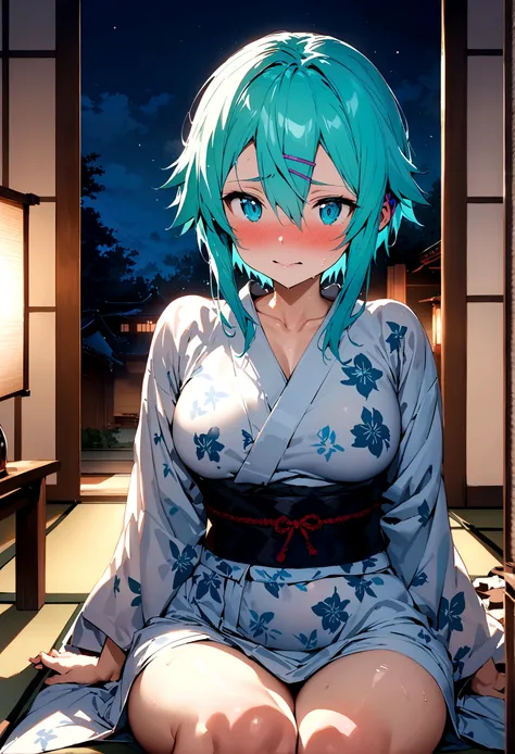 NSFW,masterpiece,Highest quality,High resolution,Super detailed,Sinon(Sword Art Online),yukata,hair ornaments, Hair Clip,Embarrassed,expectant face,Absent-minded face,blush,Inn at night,Shoji screen,tatami,futon,Girl sitting,Drunk,sake bottle,Sake cup