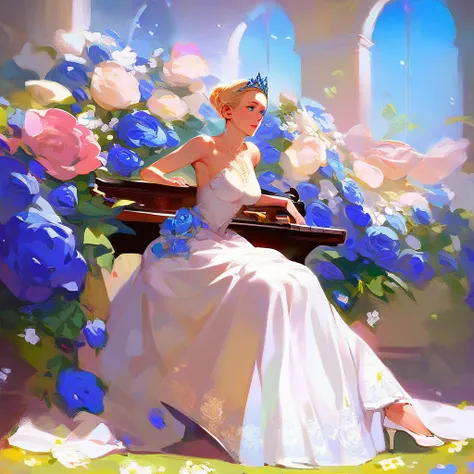 (score_9,score_8_up,score_7_up,) woman in fancy dress leaning over an upright grand piano at dusk with flowers around, 1girl, dress, solo, instrument, flower, high heels, sitting, tiara, white dress, blue eyes, blue flower, blonde hair, hair bun, Expressiv...