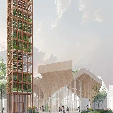 ew of a building and a tower, building is a flower market with wooden roof, roof is parametric and curved, tower is for urban agriculture and has visible steucture with plants crawing on it, lush vegetation, at sundown, anime sketch, pencil sketch, archite...