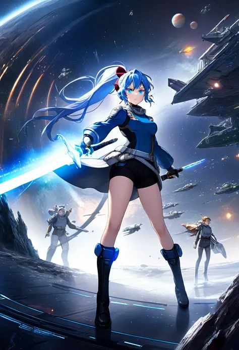 (((((((science fiction space fantasy)))))))A badass woman, an adult, standing amidst a galactic battlefront, (A female commander), ((a leader of a fleet of intergalactic armies)), White high ponytail with a glowing light blue highlights at the ends, Wieldi...