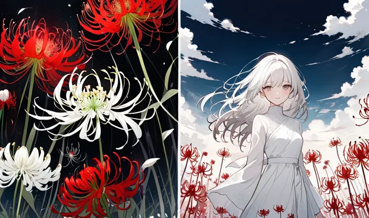 Asymmetrical impression,On the right is a bright white flower field in heaven.,On the left is the hell of a dark spider lily field.,Very delicate and beautiful,Hand-drawn illustrations