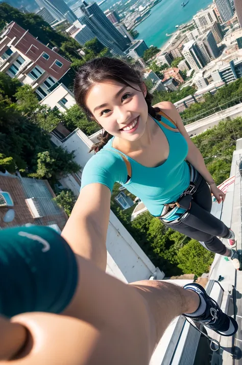 Rooftopping selfie, skywalking selfie, city, brunette woman, 21 years, brune hair, thick woman, tick, long braided ponytail, confident smile, top down view, high angle shot, tank top, climbing pants, climbing shoes, spaghetti straps, ocean