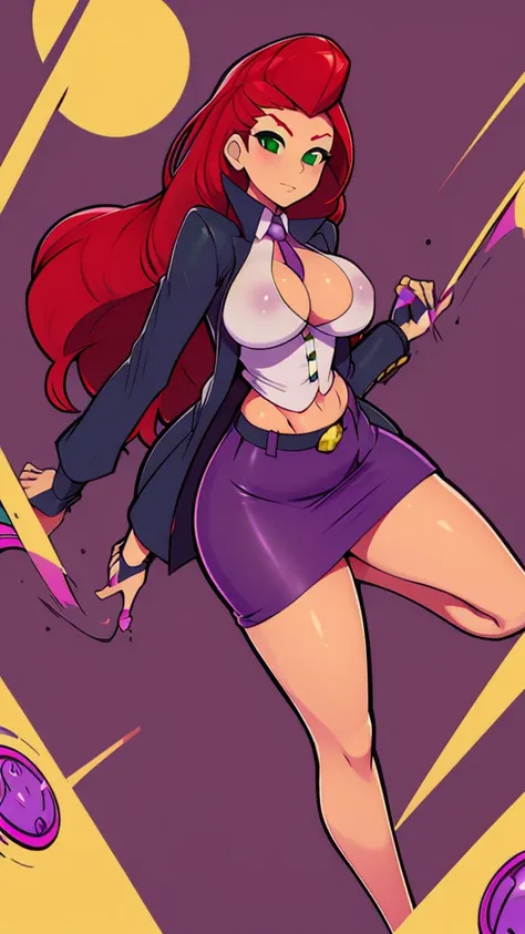 An attractive sexy hex girl with a big breast wears red hair, a tousled cut, her green eye, wears a purple button-down office coat and a long purple skirt with a black heel. 