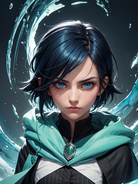 (best quality), 1girl, Female, olive skin, black hair, blue tips, blue streaked hair, short hair, asymmetric hairstyle, swoopy hair, blue eyes, perfect eyes, smug expression, slytherin hogwarts cloak, harry potter universe, slytherin, slender, small bust, ...