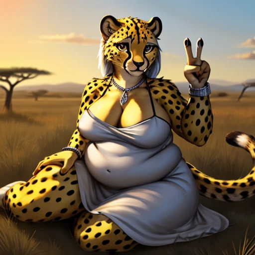 (best quality, good quality:1.4), female anthro cheetah, black pupils, silver eyes, golden yellow body, countershading, solo, sitting on ground, silver dress, paws, digitigrade, savanna, looking at viewer, v sign, outside, detailed background, Female cheet...