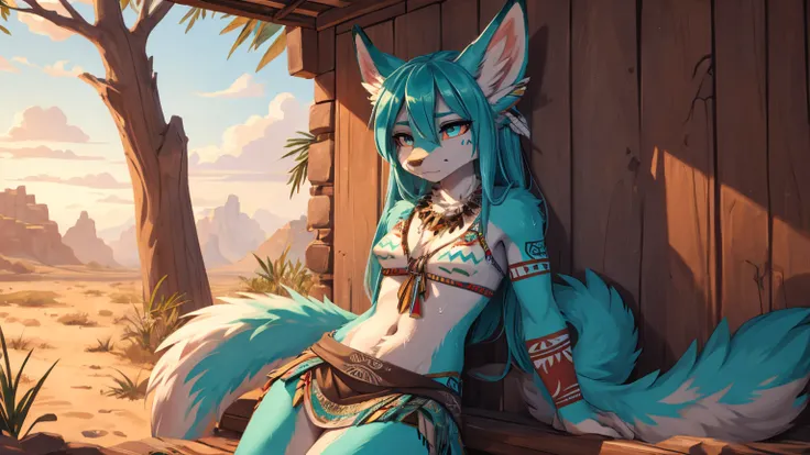 Miku Hatsune, add high definition_detail:1, blue fur,kitsune ears, tribal tattoo add_detail:1, sensual pose against the wall add_details:1, tribal feather necklage, rainbowed feather skirt, tribal feather ornaments for the body high definition, tribal feat...