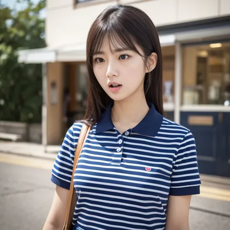 (Best picture quality, Masterpiece:1.3, Super Hi-Res), Japanese woman, 25 years old, serious expression, intensely angry, shouting, wearing navy blue polo shirt, striped apron, uniform,