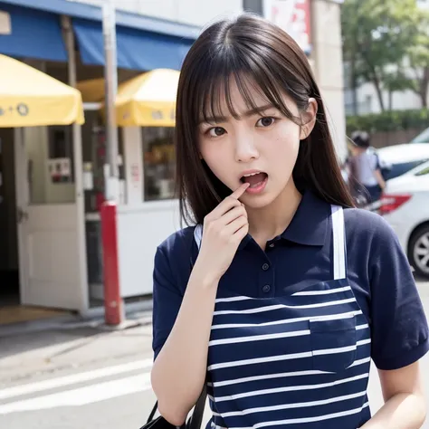 (Best picture quality, Masterpiece:1.3, Super Hi-Res), Japanese woman, 25 years old, serious expression, intensely angry, shouting, wearing navy blue polo shirt, striped apron, uniform,