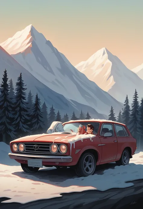 car poster, Procreate, red, Mini Cooper 1960, vector art, minimalist, high resulotion, snowy mountain background