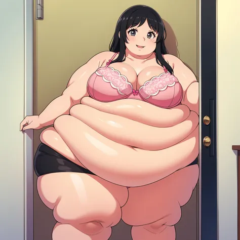 (Obese:1.1), (immobile:1.1), (600 pounds) (Blob:1.1)18, wearing pink bra and pink panties, standing outside in front of door to house, very long black hair, (big smile)