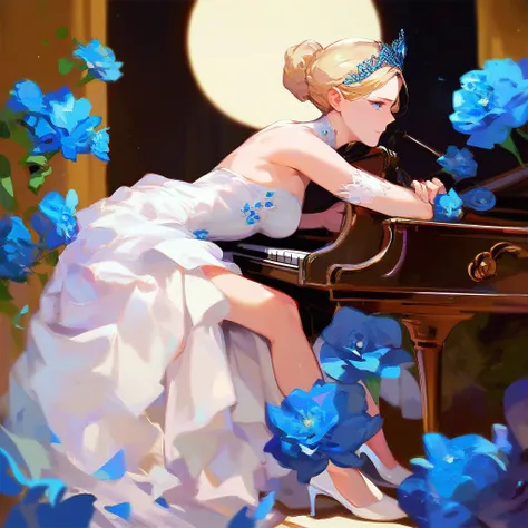 (score_9,score_8_up,score_7_up,) woman in fancy dress leaning over an upright grand piano at dusk with flowers around, 1girl, dress, solo, instrument, flower, high heels, sitting, tiara, white dress, blue eyes, blue flower, blonde hair, hair bun, Expressiv...