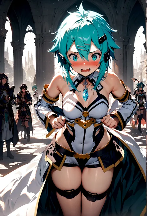 NSFW,masterpiece,Highest quality,High resolution,Super detailed,Sinon(Sword Art Online),Bare shoulders,Removable sleeves,Hand guard,leotard,Cape,Frilled mini skirt,gem, hair ornaments, Hair Clip,Thigh straps,Embarrassed,Surprised face,(Lust),(Estrus),blush...