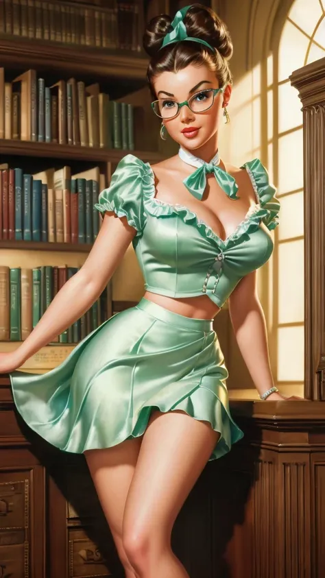 (highly realistic), (global illumination), (ray tracing), ((Gil Elvgren)), (illustrated style), ((highly detailed faces)), (8k resolution), pale blue eyes, (hyper realistic), (photorealistic: 1.4), cute librarian with hair tied in a bun, library, beautiful...