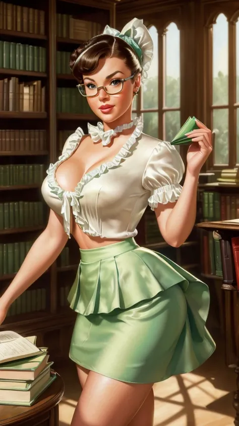 (highly realistic), (global illumination), (ray tracing), ((Gil Elvgren)), (illustrated style), ((highly detailed faces)), (8k resolution), pale blue eyes, (hyper realistic), (photorealistic: 1.4), cute librarian with hair tied in a bun, library, beautiful...