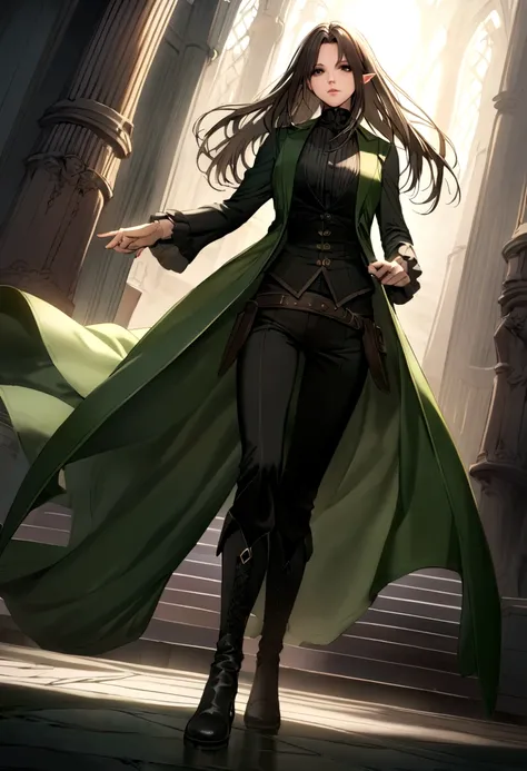 Kate Beckinsale as a calm and strict half-elf. combination of green and black colors. vest, black shirt, trousers and high boots. full length