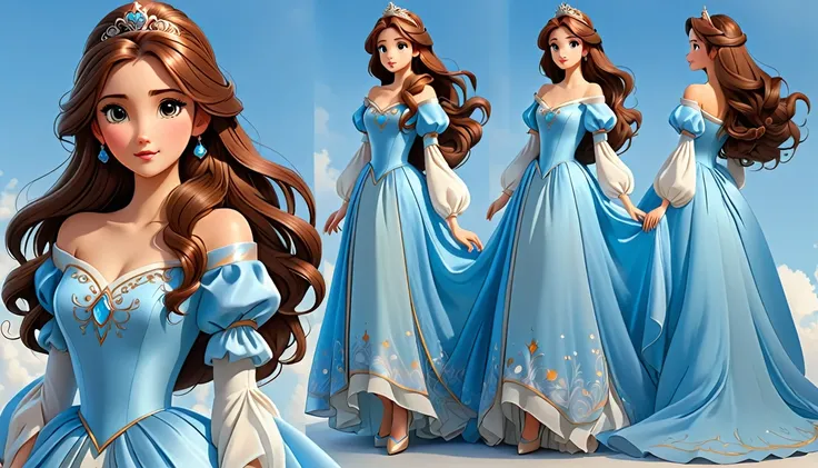 Beautiful Princess, long brown hair, sky blue colour beautiful gown, beautiful sleeves design, oversize, character design sheet , different poses, different angles 