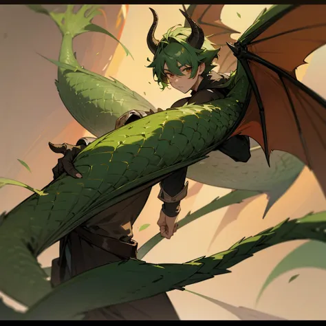 A 14-year-old dragon hybrid boy with green dragon wings and tail and brown horns 