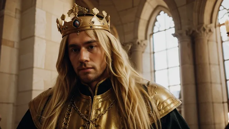 King Charlemagne is tall and blond-haired,