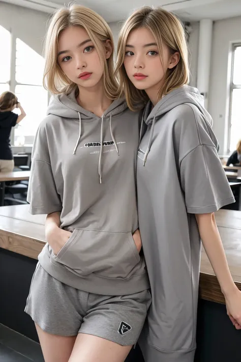 deux femmes blonde ensemble de 18 ans sexy et mince , gray short sleeve hoodie , salle de classe, se touche,position sey,sensuel