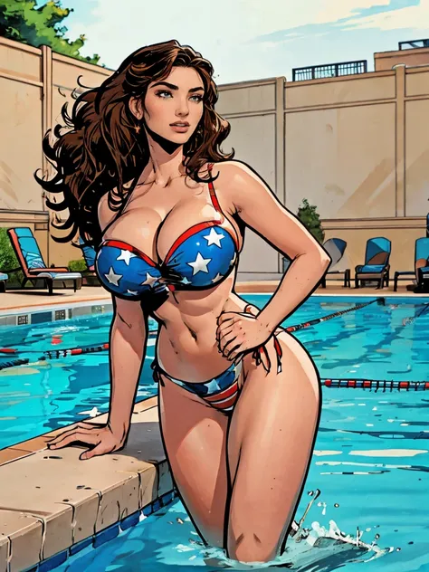 Gorgeous and sultry busty athletic (thin) brunette with sharp facial features and a (big hair) and (huge , long legs) wearing a star-spangled bikini, Americana, swimming pool.