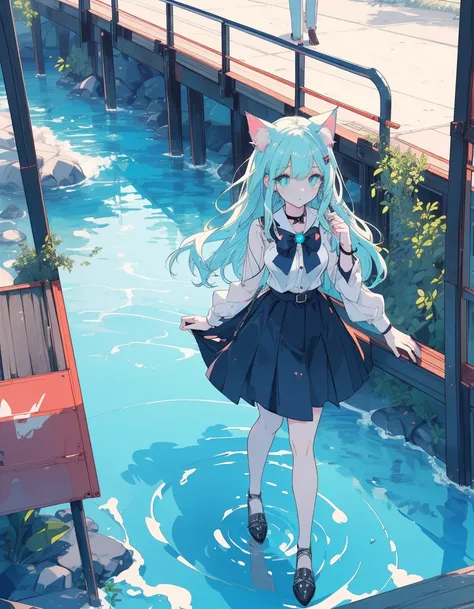 full body, water mirror and river, ((masterpiece, best quality:1.5)), ((Beautiful detailed cat aqua eyes:1.2)), cat ears, pale skin, medium breasts, beautiful hands, beautiful fingers, EasyNegative