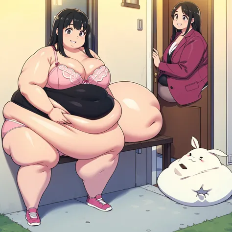 Sitting on ground (Obese:1.1), (immobile:1.1), (600 pounds) (Blob:1.1)18, wearing pink bra and pink panties, standing outside in front of door to house, very long black hair, (big smile)