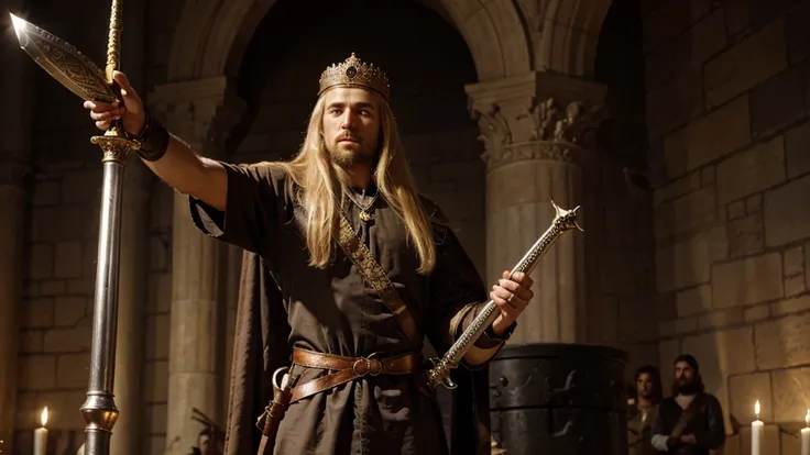 King Charlemagne with long and blond hair while holding the excalibur sword in his hand,