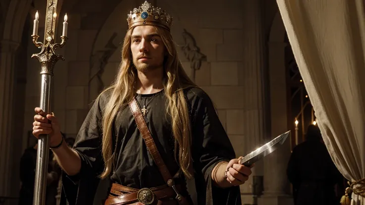 King Charlemagne with long and blond hair while holding the excalibur sword in his hand,