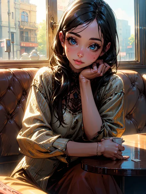 a girl enjoying coffee and cheesecake in a cafe, beautiful detailed eyes, beautiful detailed lips, extremely detailed eyes and face, long eyelashes, young woman, casual outfit, sitting at a table, cafe interior, warm lighting, cozy atmosphere, window view,...