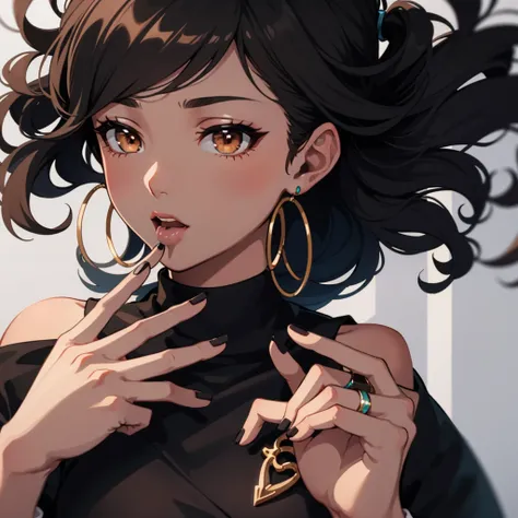 black girl, long curly hair, black eyeliner, hoop earrings, brown eyes, striking look, ebony skin, fingers in front of the mouth, long black nails, gotic queen