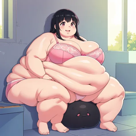 Sitting on ground (Obese:1.1), (immobile:1.1), (600 pounds) (Blob:1.1)18, wearing pink bra and pink panties, very long black hair, (big smile)