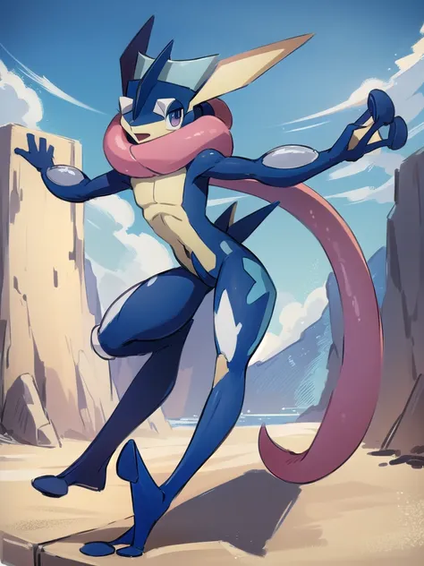 (masterpiece, best quality:1.2),solo,greninja \(pokemon\),pokemon \(creature\),full body,no humans,outstretched arms, long tongu...