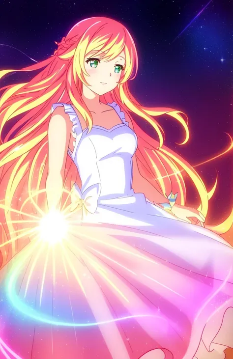 beautiful girl, puffy tiered ballgown, vibrant pastel colors, ((white dress,sleeveless,glowing golden long hair)), magical lights, sparkling magical liquid, inspired by Glen Keane, inspired by Lois van Baarle, disney art style, by Lois van Baarle, glowing ...