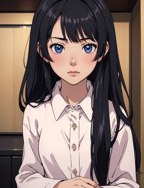 (1girl, anime, Best quality,highres:1.4), detailed_background,room,black hair,blush, innocent, sharp almond eyes, sharp eyes,highres,1girl,solo,beautify:1,sick,casual black long sleeve shirt,blue eyes,shirt,parted bangs, cutesy