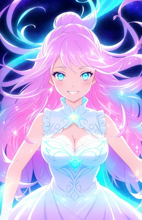 beautiful girl, puffy tiered ballgown, vibrant pastel colors, ((20s,madure female,smile,grin,white dress,cleavage,sleeveless,glowing golden long hair)), magical lights, sparkling magical liquid, inspired by Glen Keane, inspired by Lois van Baarle, disney a...