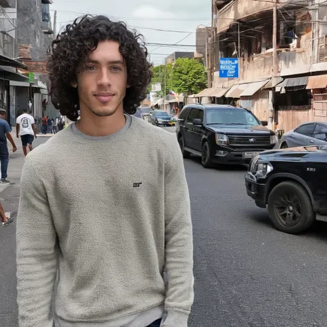 a girl with black curly hair, standing on the street looking at someone, handsome, highly detailed, highly detailed skin, white ...