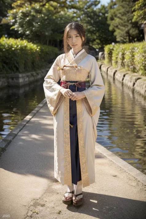 A girl, Perfect body，Queen of Japan，Dressed in medieval Japanese clothing,Complex clothing， Very detailed details of the costume，Slender long legs，Standing in Tokyo, Japan