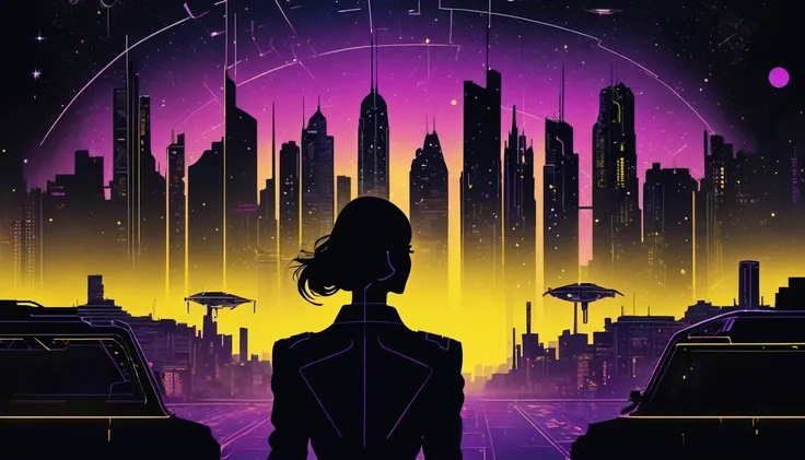 《bladerunner》filmposter：1 lady, Starry sky and zodiac constellations, The purple hue is like a nebula, Vast space, Cyber punk perssonage bottom city, ( Background with:black and yellow Background with1.4), (symmetry:1.2), (artistic décor:1.4), (Retro-Futur...