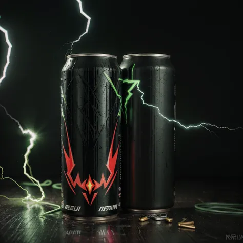 draw me a black can of energy drink with a green lightning bolt in the middle and a red heart on the right , а наверху зелёную надпись b.b.with