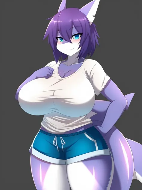 Shark girl, very sexy, big breasts, Wearing a short white sports shirt and shorts,