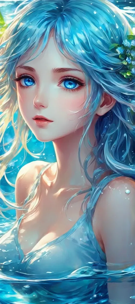 anime girl with blue eyes and long hair in the water, an anime drawing by Yuumei, pixiv, digital art, wallpaper anime blue water, watery eyes, blue watery eyes, detailed digital anime art, watery blue eyes, water eyes, azure blue watery eyes, clean detaile...