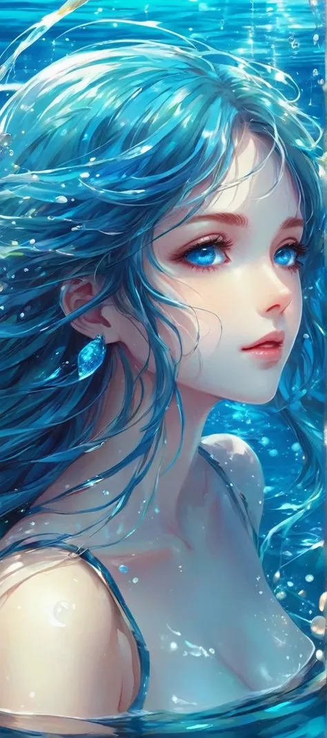 anime girl with blue eyes and long hair in the water, an anime drawing by Yuumei, pixiv, digital art, wallpaper anime blue water, watery eyes, blue watery eyes, detailed digital anime art, watery blue eyes, water eyes, azure blue watery eyes, clean detaile...