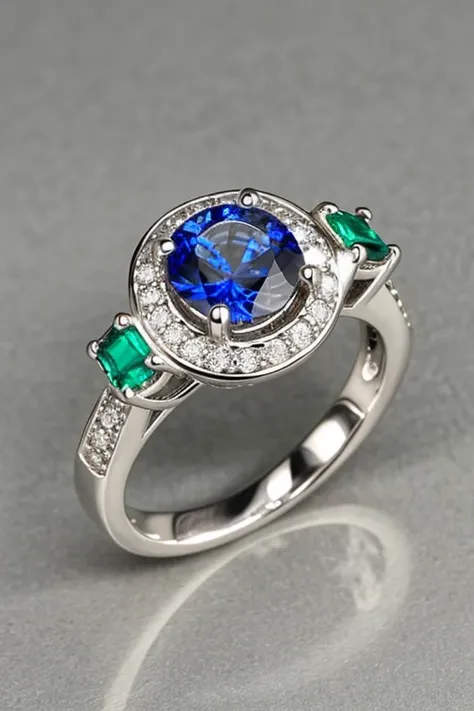 a seal ring, white gold and silver, a big diamond, sapphires, emeralds, rubies