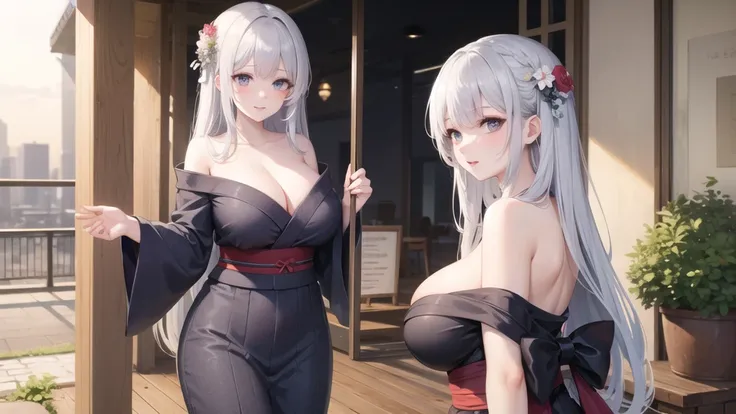 (((masterpiece, best quality))), (((superior quality))), cute girl, ((extremely detailed girl)), ((huge breasts)), yukata, bare shoulders, strapless top, long silver hair, happy