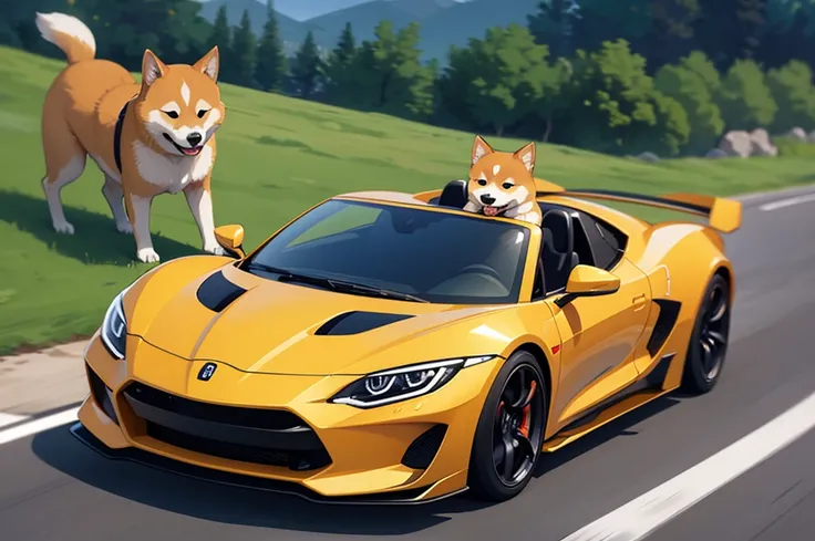 A cute shiba driving a hyper car