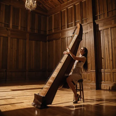 A woman playing the harp in a large room with wooden walls