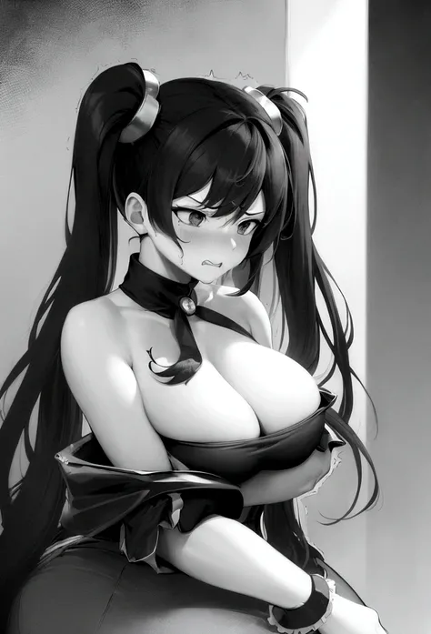 score_9, score_8_up, score_7_up, score_6_up, score_5_up, score_4_up, 1girl, chun li, intense pleasure, headshot, worried, embarrassed, biting lip, blushing, cleavage, topless, breast grab, sky above, looking away