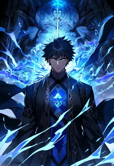 1 boy, Male, look like gojo satoru, balck hair, light blue beautifull eyes, serious face, handsome, cool, maskulin, black kingdom cloth, robe, in dark castle, blue magic splash, blue light, blue sparkle, big moon on back