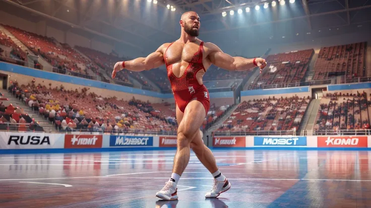 a muscular man with a shaved head and beard, wearing a red freestyle wrestlers costume, striking a dramatic pose on a wrestling ring surrounded by spectators in a stadium, (best quality,4k,8k,highres,masterpiece:1.2),ultra-detailed,(realistic,photorealisti...